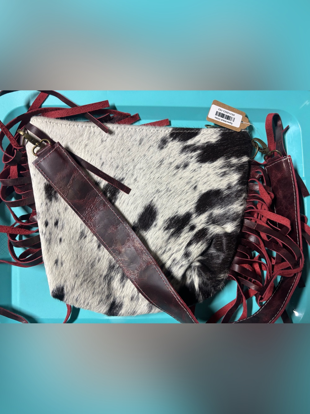 Leather Fringe Cowhide shoulder Bag in red & black grey
